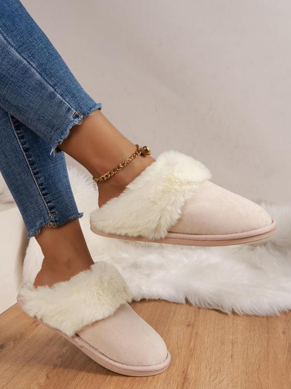 Women's Solid Color Fluffy Slippers Perfect for Valentine's Day Gift, Casual Soft Comfortable Contrast Faux Fur Trim Home Slippers, Warm Slippers for Indoor Use for Fall & Winter