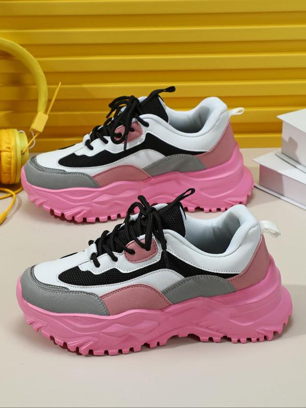 Fashion Colorblock Lace Up Low Top Platform Sneakers, Casual Comfortable Breathable Sports Running Shoes, Female All-match Round Toe Chunky Sneakers for Daily Wear