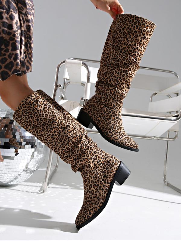 Women's Fashion Leopard Print Knee High Boots, Casual Pointed Toe Boots for Party, Daily Clothing Decor for Women & Girls