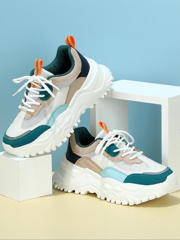 Fashion Colorblock Lace Up Low Top Platform Sneakers, Casual Comfortable Breathable Sports Running Shoes, Female All-match Round Toe Chunky Sneakers for Daily Wear