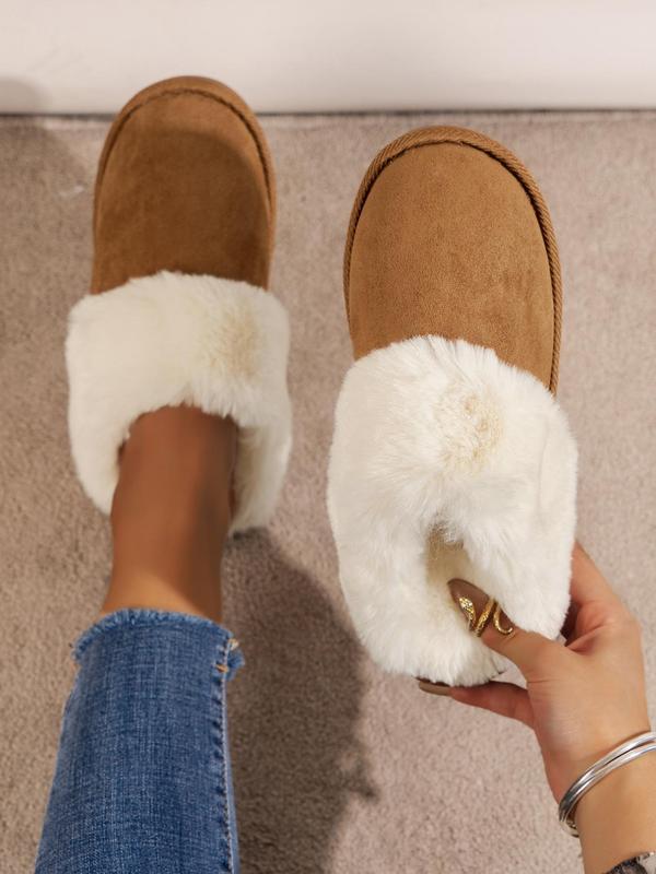 Women's Solid Color Fluffy Slippers Perfect for Valentine's Day Gift, Casual Soft Comfortable Contrast Faux Fur Trim Home Slippers, Warm Slippers for Indoor Use for Fall & Winter