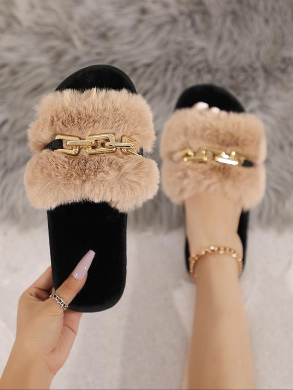 Women's Minimalist Chain Decor Plush Slippers, Casual Comfy Open Toe Fluffy Home Slippers, Trendy All-match Fuzzy Slippers, Warm Slippers for Fall & Winter