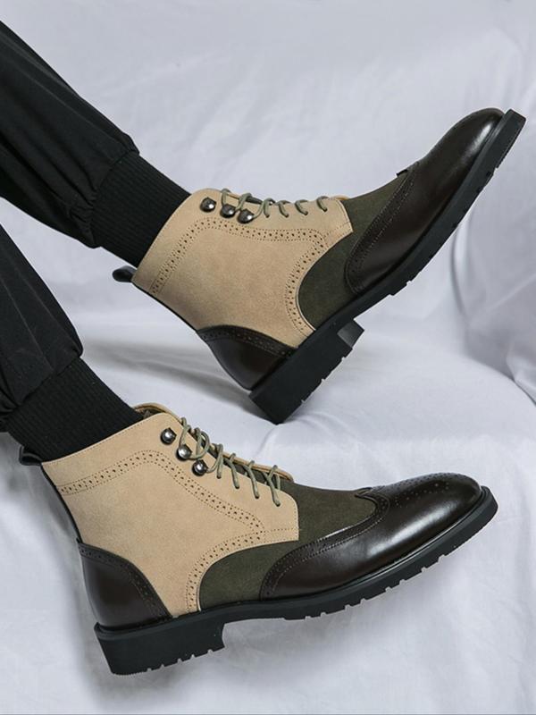 Men's Fashionable Lace Up Front Patchwork Boots, Casual Comfortable Pointed Toe Boots for Daily Wear, Male All-match Trend Shoes for Daily Wear