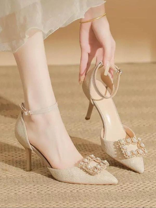 Women's Fashionable Rhinestone & Faux Pearl Decorated Spool Heel & Low Heel Shoes, Elegant Pointed Toe Heel Shoes for Party, Daily Clothing Decor for Women & Girls