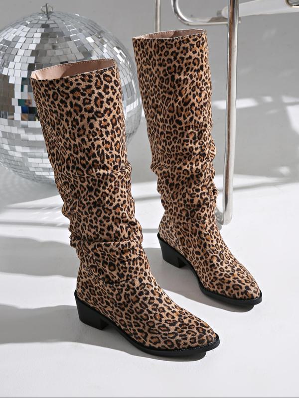 Women's Fashion Leopard Print Knee High Boots, Casual Pointed Toe Boots for Party, Daily Clothing Decor for Women & Girls