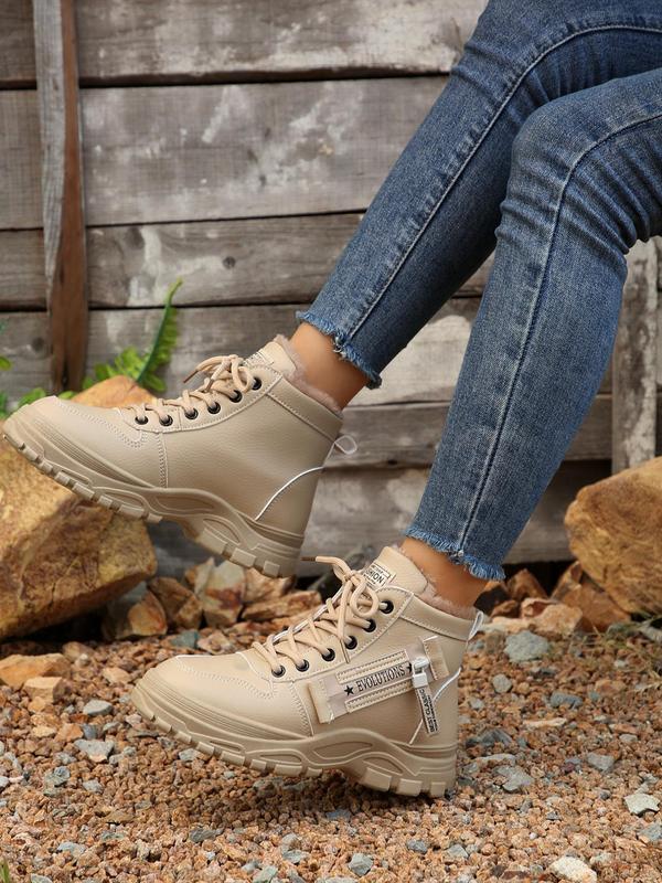 Women's Letter Pattern Thermal Lined Snow Boots, Casual Comfortable Lace Up Non-slip Warm Ankle Boots for Winter, Female All-match Round Toe Shoes for Daily Wear