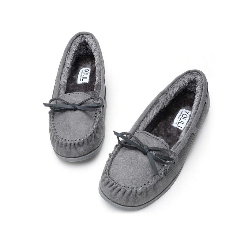 Womens Faux Fur Moccasin Slippers, Indoor Outdoor Warm & Cozy House Shoes With Durable Rubber Sole