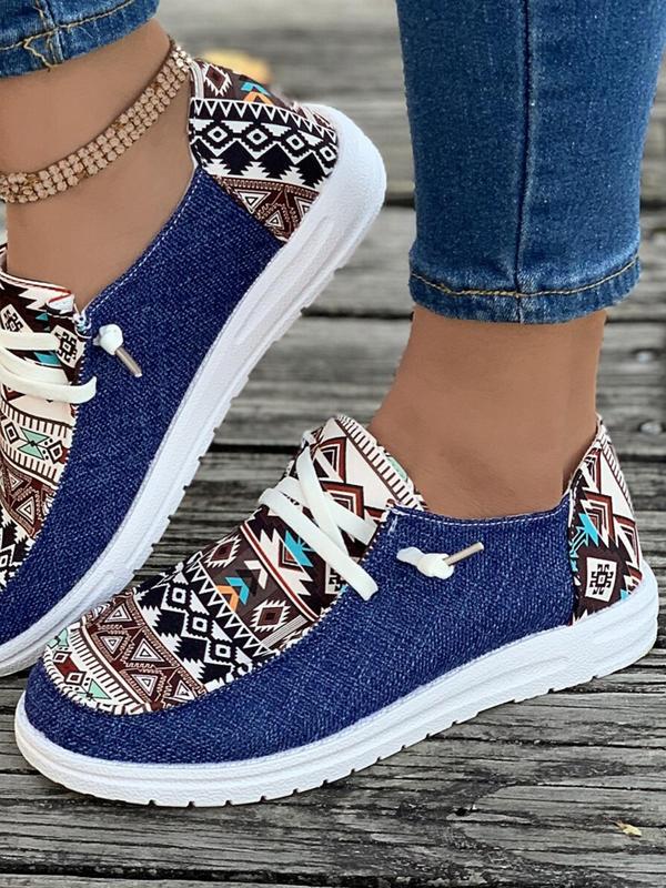 Women's 1 Pair Casual Geometric Print Lace-up Round Toe Sneakers, Boho Ethnic Pattern Design Comfortable Breathable Shoes for Daily Wear, Spring Nonslip Shoes for Beach Outdoor