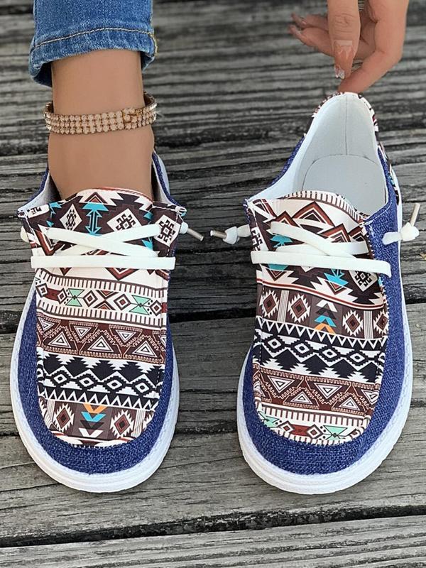 Women's 1 Pair Casual Geometric Print Lace-up Round Toe Sneakers, Boho Ethnic Pattern Design Comfortable Breathable Shoes for Daily Wear, Spring Nonslip Shoes for Beach Outdoor