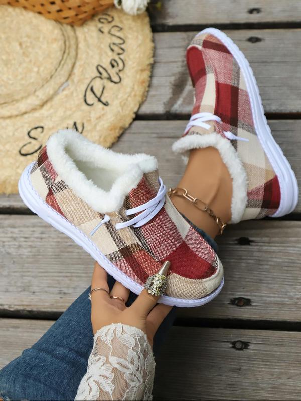 Women's Fashionable Plaid Pattern Lace Up Low Top Sneakers, Casual Comfortable Warm Slip-on Shoes for Fall & Winter, Female All-match Round Toe Shoes for Daily Wear