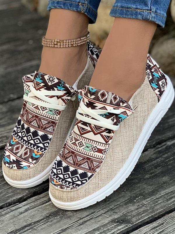 Women's 1 Pair Casual Geometric Print Lace-up Round Toe Sneakers, Boho Ethnic Pattern Design Comfortable Breathable Shoes for Daily Wear, Spring Nonslip Shoes for Beach Outdoor