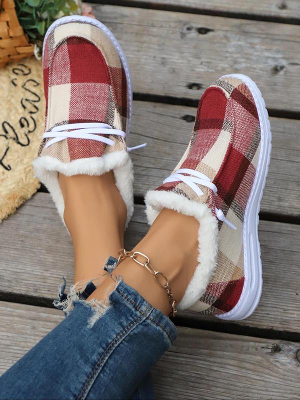 Women's Fashionable Plaid Pattern Lace Up Low Top Sneakers, Casual Comfortable Warm Slip-on Shoes for Fall & Winter, Female All-match Round Toe Shoes for Daily Wear