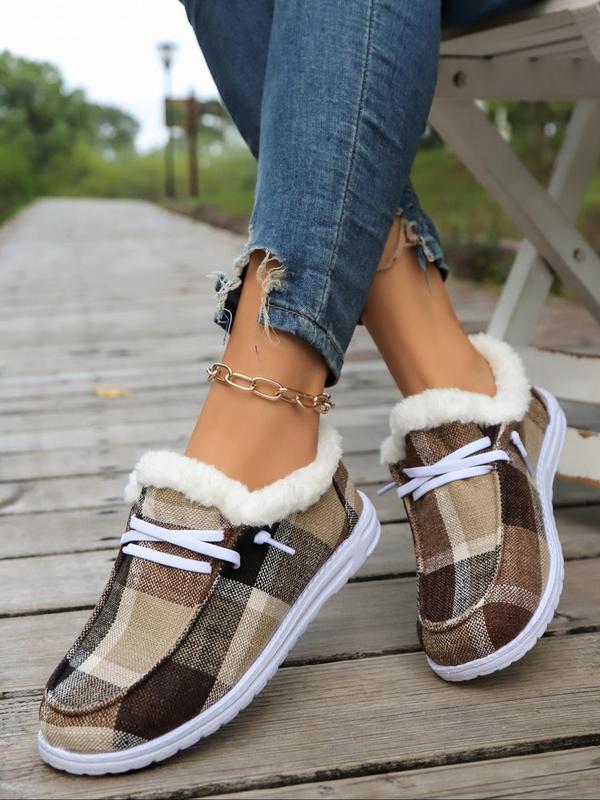 Women's Fashionable Plaid Pattern Lace Up Low Top Sneakers, Casual Comfortable Warm Slip-on Shoes for Fall & Winter, Female All-match Round Toe Shoes for Daily Wear