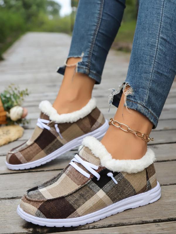 Women's Fashionable Plaid Pattern Lace Up Low Top Sneakers, Casual Comfortable Warm Slip-on Shoes for Fall & Winter, Female All-match Round Toe Shoes for Daily Wear