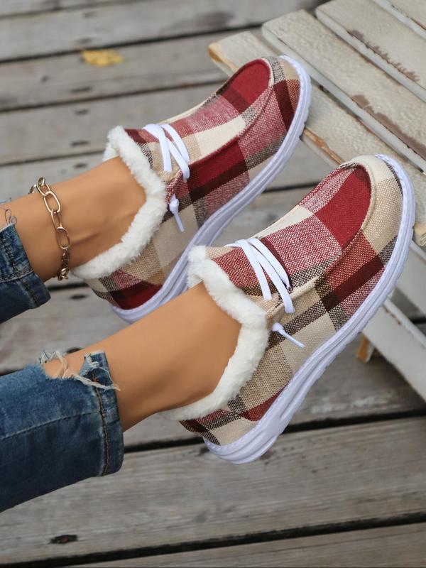 Women's Fashionable Plaid Pattern Lace Up Low Top Sneakers, Casual Comfortable Warm Slip-on Shoes for Fall & Winter, Female All-match Round Toe Shoes for Daily Wear