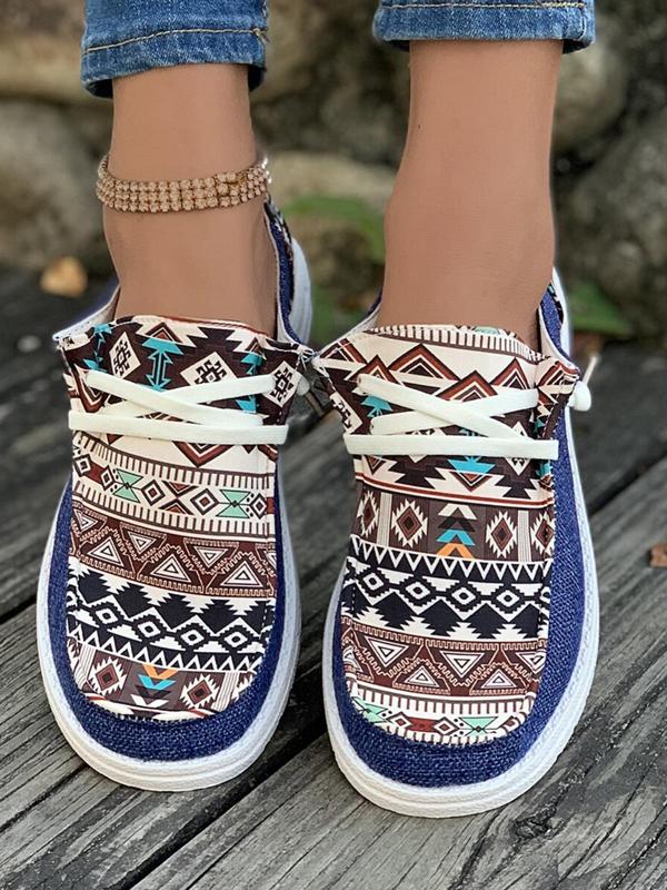 Women's 1 Pair Casual Geometric Print Lace-up Round Toe Sneakers, Boho Ethnic Pattern Design Comfortable Breathable Shoes for Daily Wear, Spring Nonslip Shoes for Beach Outdoor