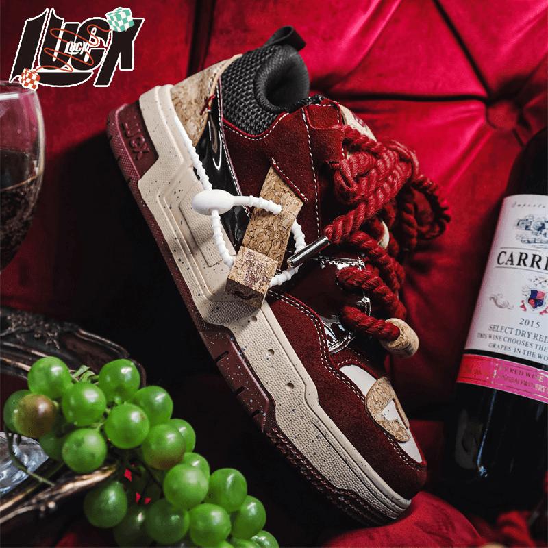 High-End Wine Red Platform Sneakers Men's Niche Sports Bread Shoes Low-Top Casual Trendy Shoes Men's and Women's