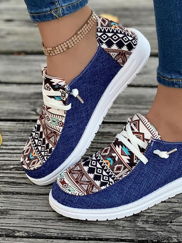 Women's 1 Pair Casual Geometric Print Lace-up Round Toe Sneakers, Boho Ethnic Pattern Design Comfortable Breathable Shoes for Daily Wear, Spring Nonslip Shoes for Beach Outdoor