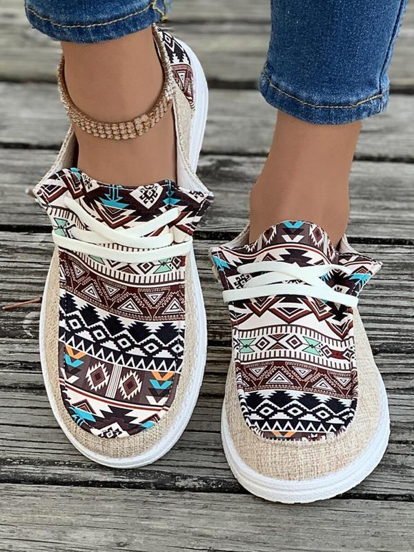 Women's 1 Pair Casual Geometric Print Lace-up Round Toe Sneakers, Boho Ethnic Pattern Design Comfortable Breathable Shoes for Daily Wear, Spring Nonslip Shoes for Beach Outdoor