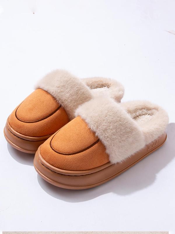 Men's Casual Patchwork Design Plush Slippers, Simple Solid Color Soft Comfortable Home Slippers, Warm Slippers for Indoor & Outdoor Use in Winter