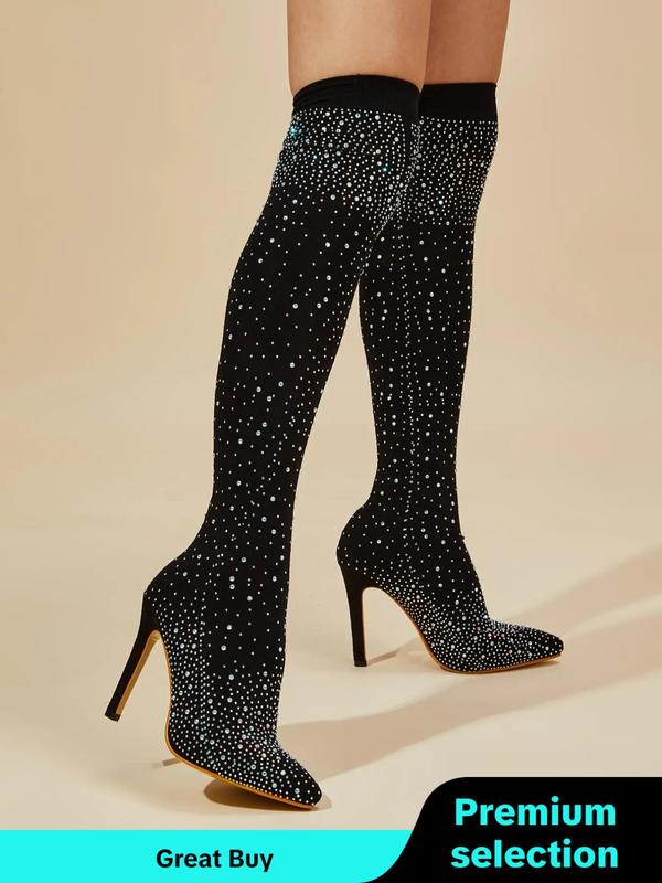 Women's Rhinestone Decorated Sock Boots, Fashionable Over-the-Knee Boots for Party, Daily Clothing Decor, High Heel Boots for Women & Girls Thigh High Boots