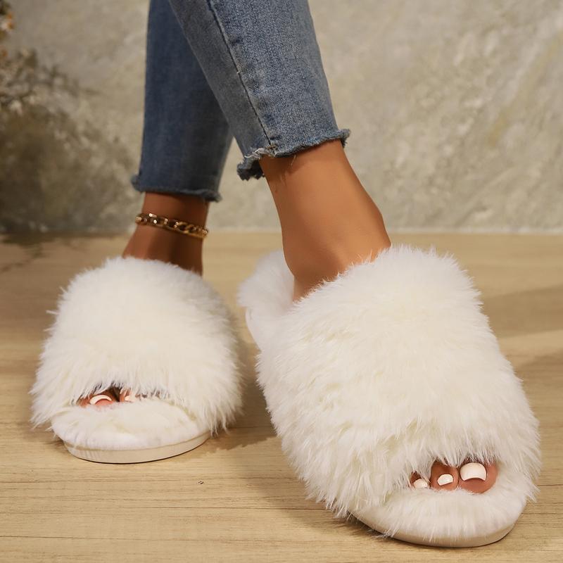 Women's Soft White Fluffy Open Toe Flat Slippers House Shoes Slippers Fuzzy Soft House Slippers Plush Furry Warm Cozy Open Toe Fluffy Home Shoes Comfy Indoor Outdoor Slip On Breathable