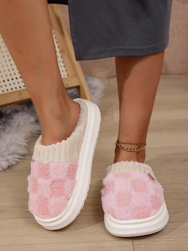 Women's Plain & Plaid Pattern Faux Fur Slippers, Casual Soft Comfortable Home Slippers, Warm Slippers for Indoor & Outdoor Use for Fall & Winter