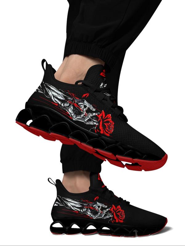 Men's Skeleton & Rose Print Lace Up Low Top Sneakers, Casual Comfortable Breathable Sports Running Shoes, Gym Training Sport Walking Shoes