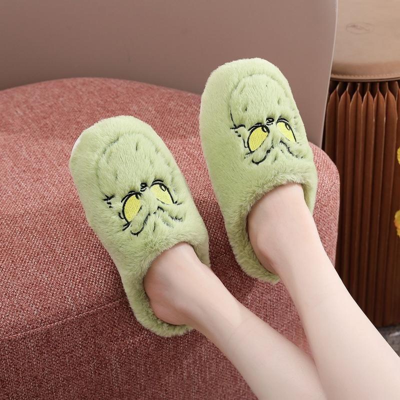 Thanksgiving shoes Daily delivery Unisex Cute Green Monster Design Soft Plush Casual Comfortable Home Slipers Shoes For Fall Winter, Christmas Indoor or Outdoor winter slipper indoor comfort Design Plush Slippers Design Fluffy Slippers   Footwear