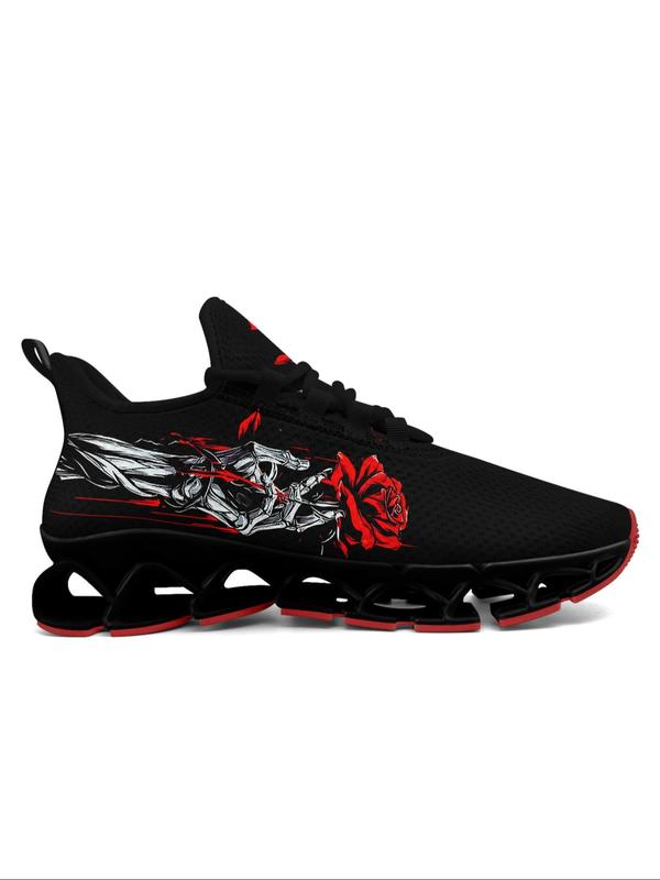 Men's Skeleton & Rose Print Lace Up Low Top Sneakers, Casual Comfortable Breathable Sports Running Shoes, Gym Training Sport Walking Shoes