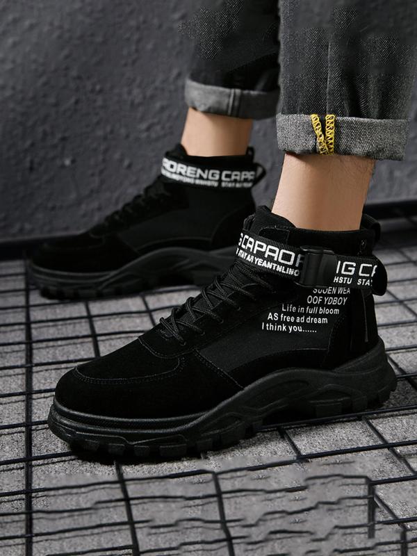 Men's Casual Letter Patched Design Lace up Front Pu Leather Boots, Fashionable Arch Soles Boots for Daily Wear, Comfortable and Versatile Men's Boots, Boys Shoes, Boy's Walking Shoes