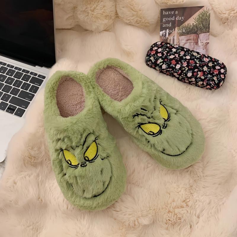 Thanksgiving shoes Daily delivery Unisex Cute Green Monster Design Soft Plush Casual Comfortable Home Slipers Shoes For Fall Winter, Christmas Indoor or Outdoor winter slipper indoor comfort Design Plush Slippers Design Fluffy Slippers   Footwear