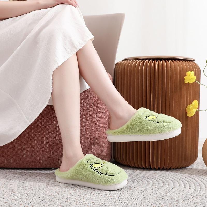 Thanksgiving shoes Daily delivery Unisex Cute Green Monster Design Soft Plush Casual Comfortable Home Slipers Shoes For Fall Winter, Christmas Indoor or Outdoor winter slipper indoor comfort Design Plush Slippers Design Fluffy Slippers   Footwear