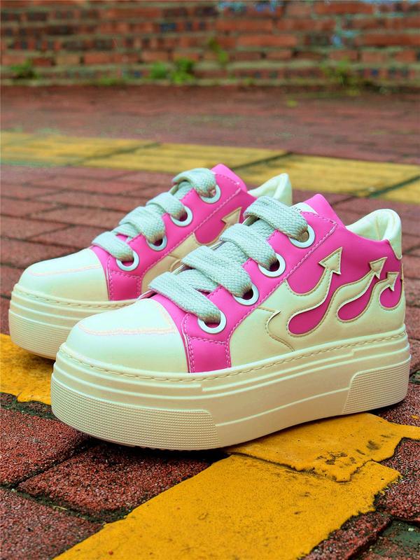 Women's Fashionable Fire Pattern Lace Up Platform Sneakers, Casual Comfortable Stylish All-match Skate Shoes for Daily Wear, Cute Sneakers for Women