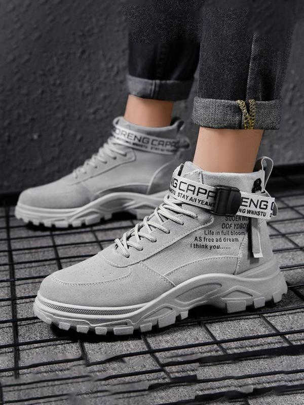 Men's Casual Letter Patched Design Lace up Front Pu Leather Boots, Fashionable Arch Soles Boots for Daily Wear, Comfortable and Versatile Men's Boots, Boys Shoes, Boy's Walking Shoes