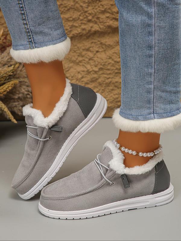 Women's Solid Color Lace Up Low Top Fuzzy Lined Shoes, Casual Comfortable Warm Thick Sole Boots for Fall & Winter, Female All-match Round Toe Shoes for Daily Wear