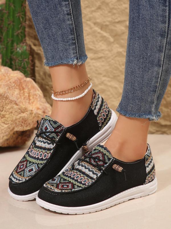 Women's Ethnic Pattern Lace Up Low Top Sneakers, Casual Comfortable Walking Shoes for Daily Wear, Female All-match Round Toe Shoes for Daily Wear