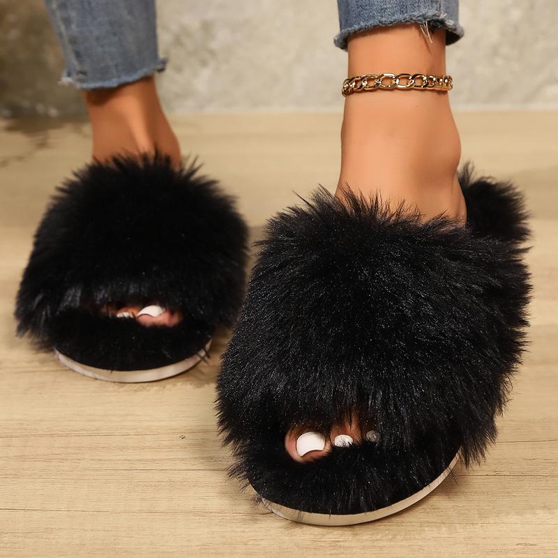 Women's Soft White Fluffy Open Toe Flat Slippers House Shoes Slippers Fuzzy Soft House Slippers Plush Furry Warm Cozy Open Toe Fluffy Home Shoes Comfy Indoor Outdoor Slip On Breathable