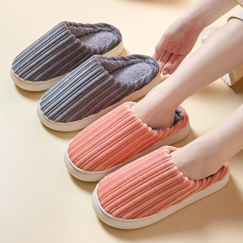 Unisex-Adult Winter Slippers Thickened Cotton Indoor Shoes Striped Fabric Slippers with Slip-On Sole for Winter Women Footwear Girl Walking Shoes