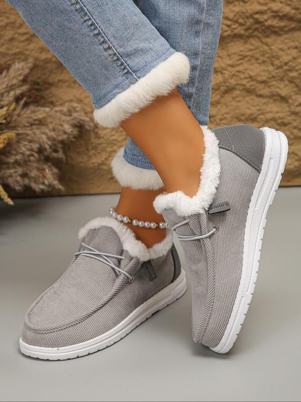 Women's Solid Color Lace Up Low Top Fuzzy Lined Shoes, Casual Comfortable Warm Thick Sole Boots for Fall & Winter, Female All-match Round Toe Shoes for Daily Wear