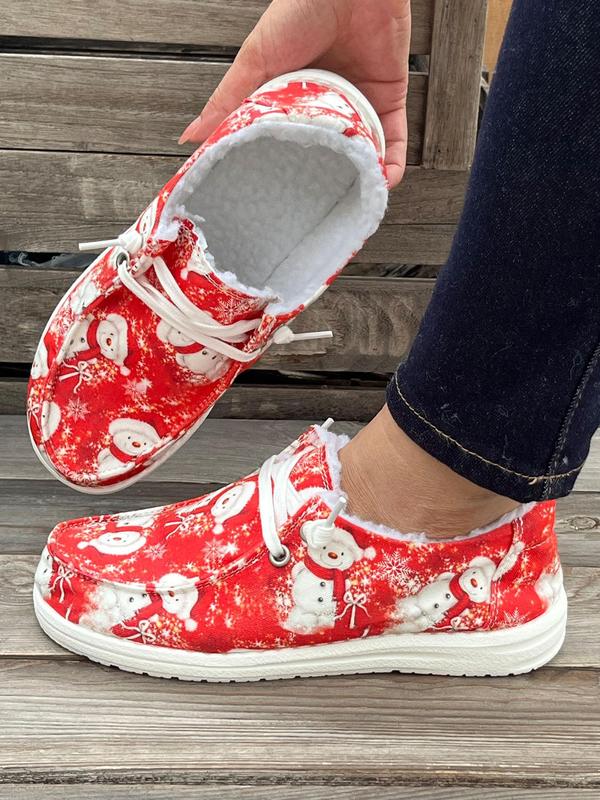 Women's Cute Cartoon Santa Claus Print Lace Up Low Top Sneakers, Casual Comfortable Breathable Shoes, Female All-match Round Toe Walking Shoes for Fall & Winter