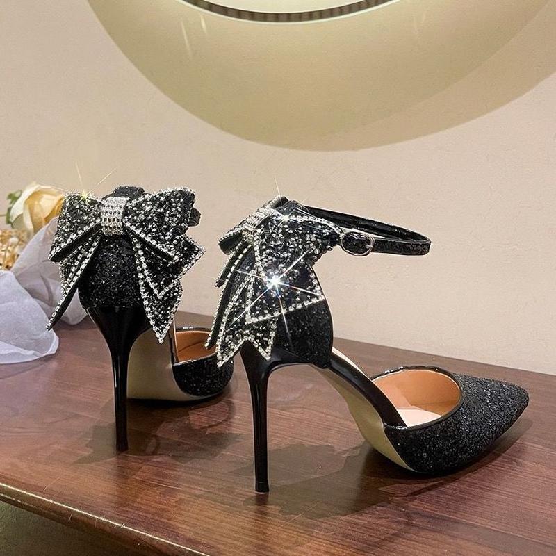 Silver Paillette Pointed High Heels Women's New Stiletto Rhinestone Bow Wedding Shoes Gas Crystal Pumps