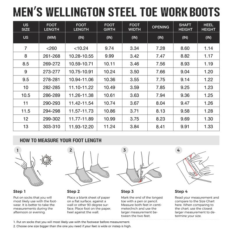 NINGO Steel Toe Work Boots for Men, Waterproof Wellington Boots with Full Grain Leather, Lightweight Safety Boots for Men, Oil and Slip Resistant,Pull On Work Boots for Men, for Construction, Farming