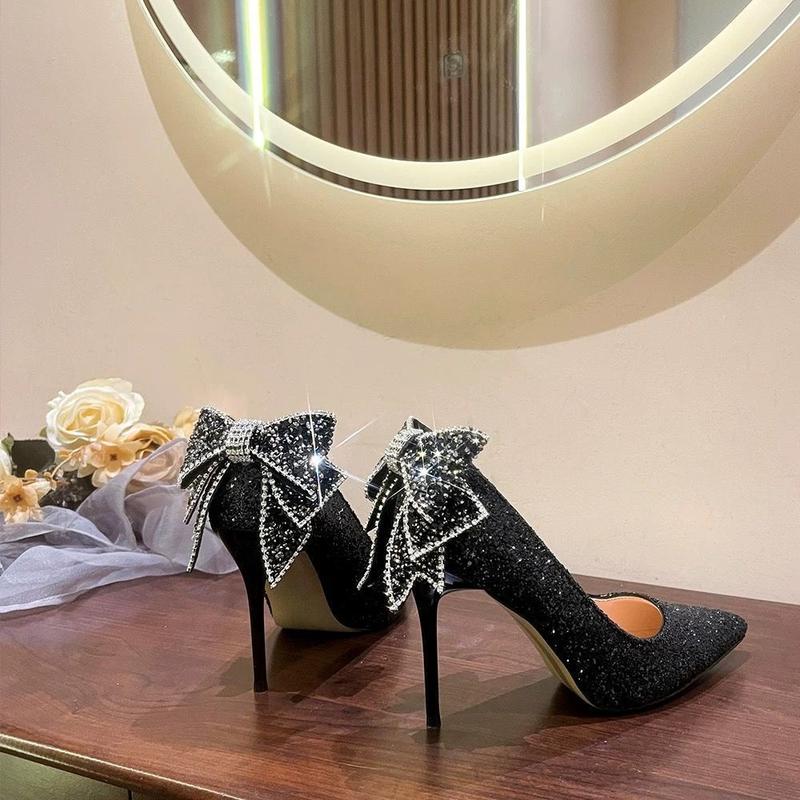 Silver Paillette Pointed High Heels Women's New Stiletto Rhinestone Bow Wedding Shoes Gas Crystal Pumps