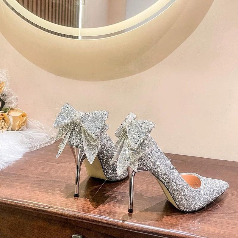 Silver Paillette Pointed High Heels Women's New Stiletto Rhinestone Bow Wedding Shoes Gas Crystal Pumps