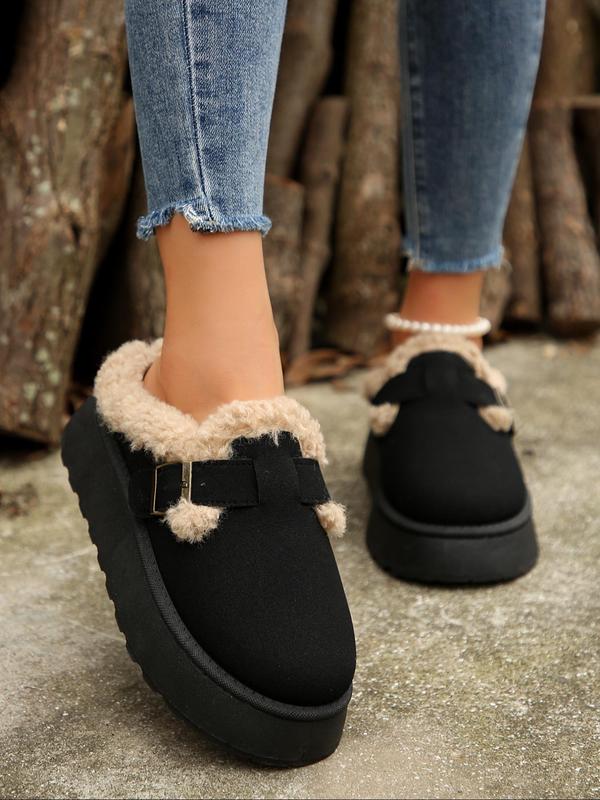 Women's Solid Color Belted Designed Platform Plush Slippers, Casual Soft Comfortable Home Slippers, Warm Slippers for Indoor & Outdoor Use for Winter