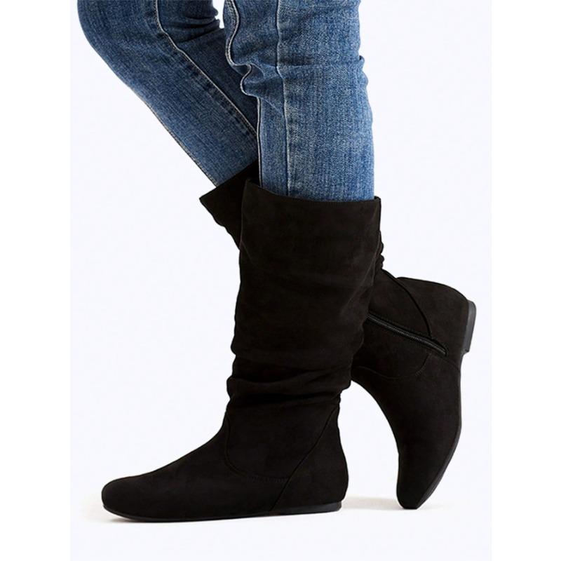 Women's Flat Boots Mid Calf Slouch Boots Faux Suede Black