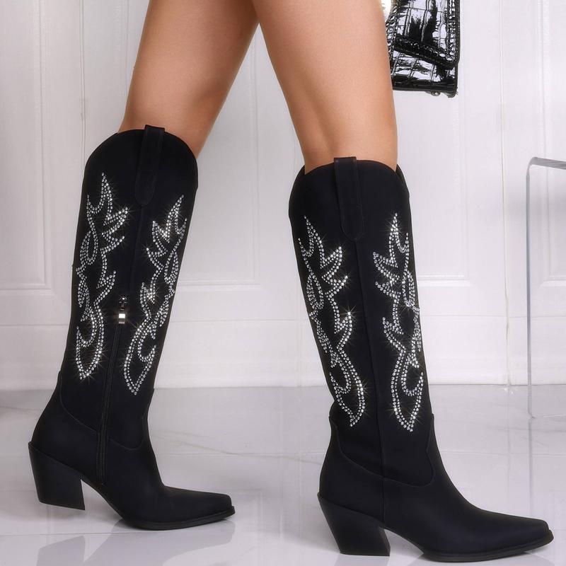 Cowboy Boots For Woman with Classic Embroidered, Middle Calf Slip On Pointed Toe Chunky Heel Fashion Retro Classic Pull On Tall, Botas, Halloween Gifts