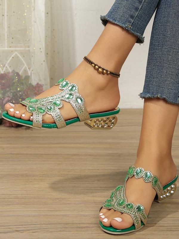 Women's Rhinestone Decorated Heeled Sandals, Elegant Open Toe Slip-on Sandals, Fashionable Slide Sandals for Summer, Street Trend Shoes for Women