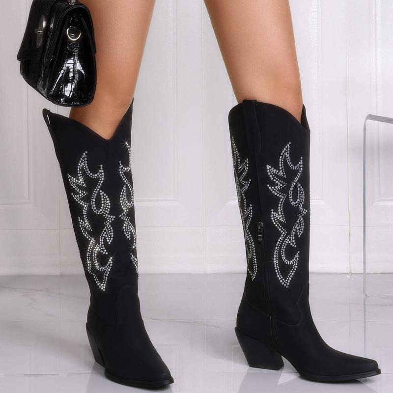 Cowboy Boots For Woman with Classic Embroidered, Middle Calf Slip On Pointed Toe Chunky Heel Fashion Retro Classic Pull On Tall, Botas, Halloween Gifts